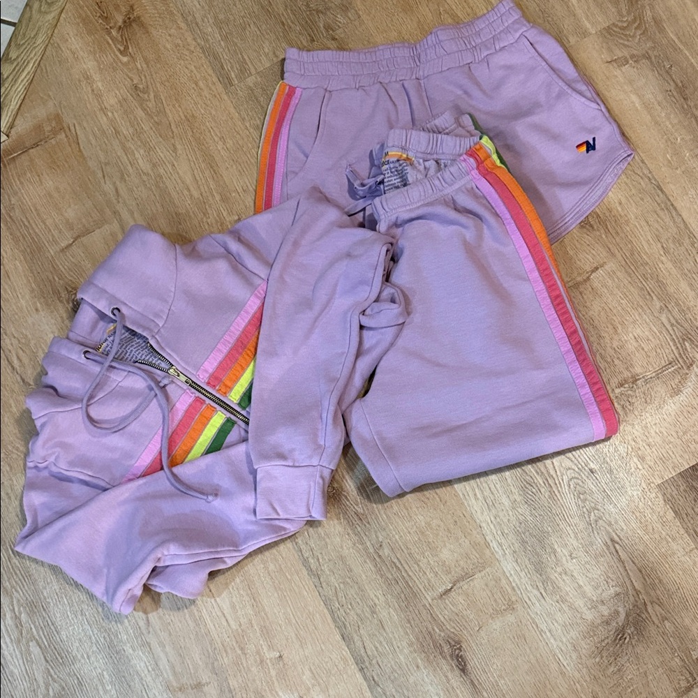 Aviator Nation Womens Lavender Shorts with Rainbow Stripes 3 piece set